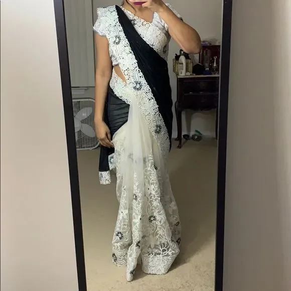 Black and white shimmer net heavy work saree - Picture 1 of 7